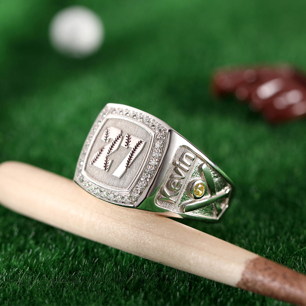 Engraved Baseball Sterling Silver Ring with Birthstone, Perfect Gift for Baseball Coach Gift