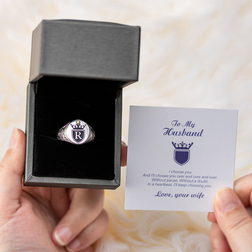 Personalized Crown Letter and Birthstone Signet Rings Gift Cards Set