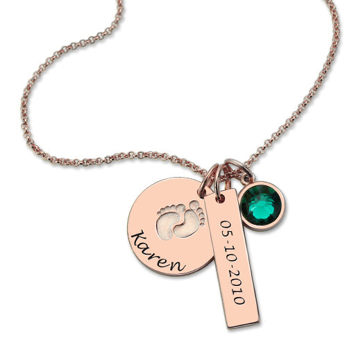Baby Feet Disc Necklace With Birthstone For New Mom
