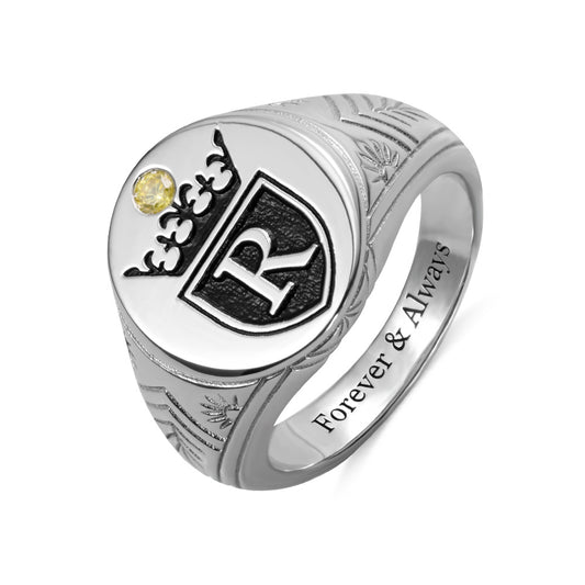 Personalized Initial and Birthstone Engraved Crown Signet Ring for men